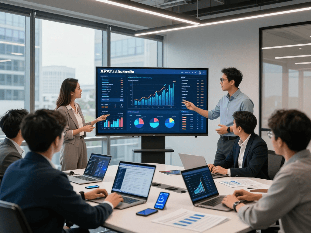 Dynamic workplace showcasing XPAY33 Australia analytics with modern tech devices in a professional setting.