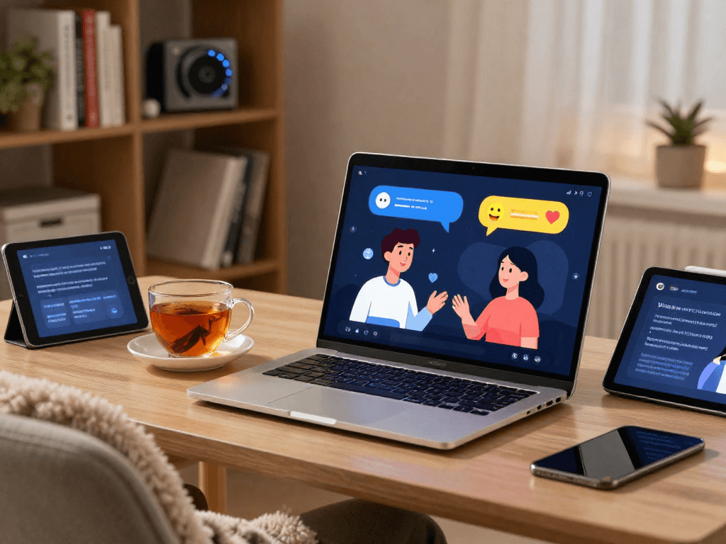 ai sex chat digital interaction scene in a cozy room with animated character and conversation interface