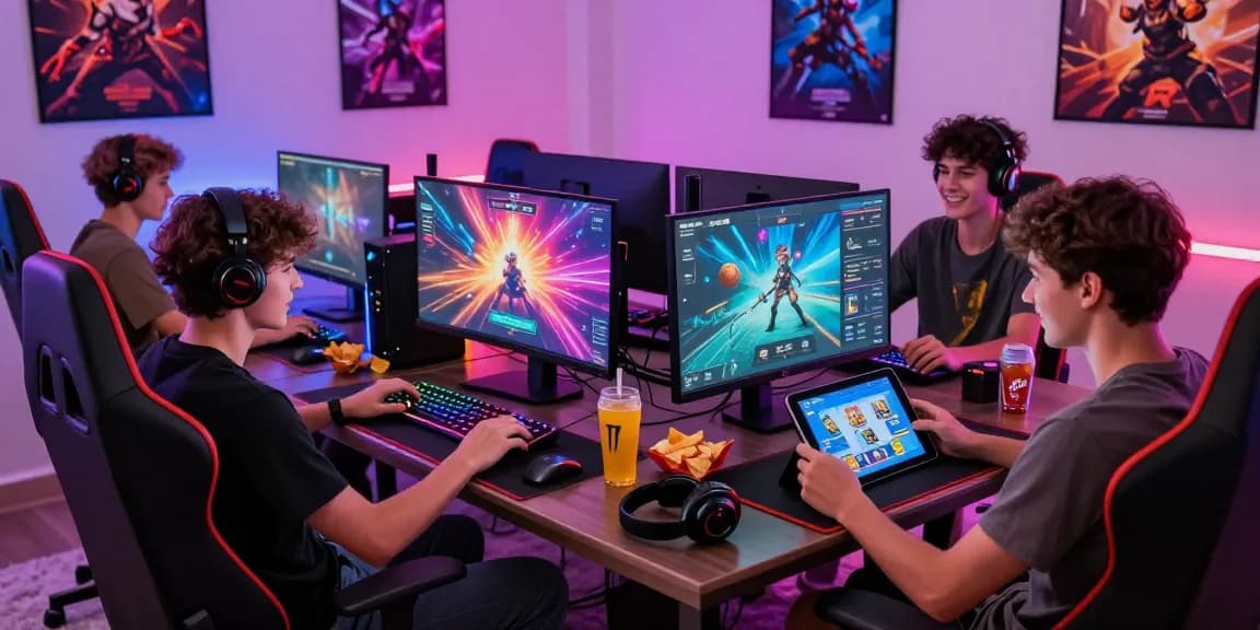 Engaging gaming room scene with friends playing html porn games, vibrant atmosphere and colorful graphics
