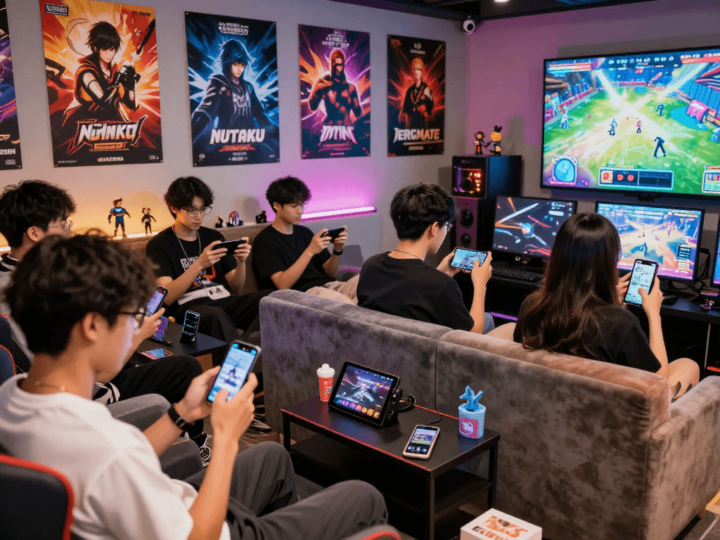 Engaging scene of gamers playing mobile porn games in a vibrant lounge, showcasing diverse players and popular titles.