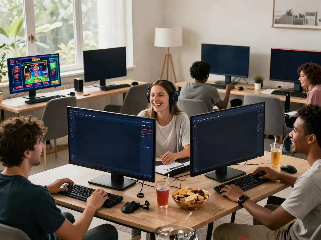 Friends enjoying GEM88 gaming experience in a lively living room with multiple screens.