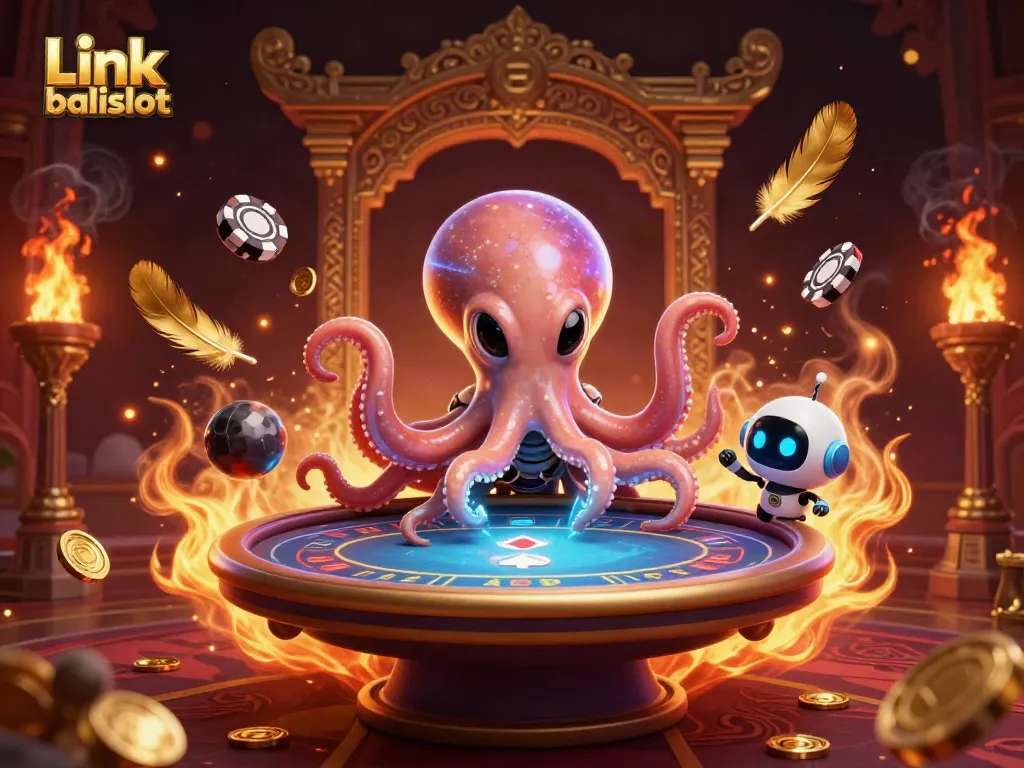 Experience the thrill of Link balislot with a vibrant 3D illustration of an octopus and robot at a holographic poker table.