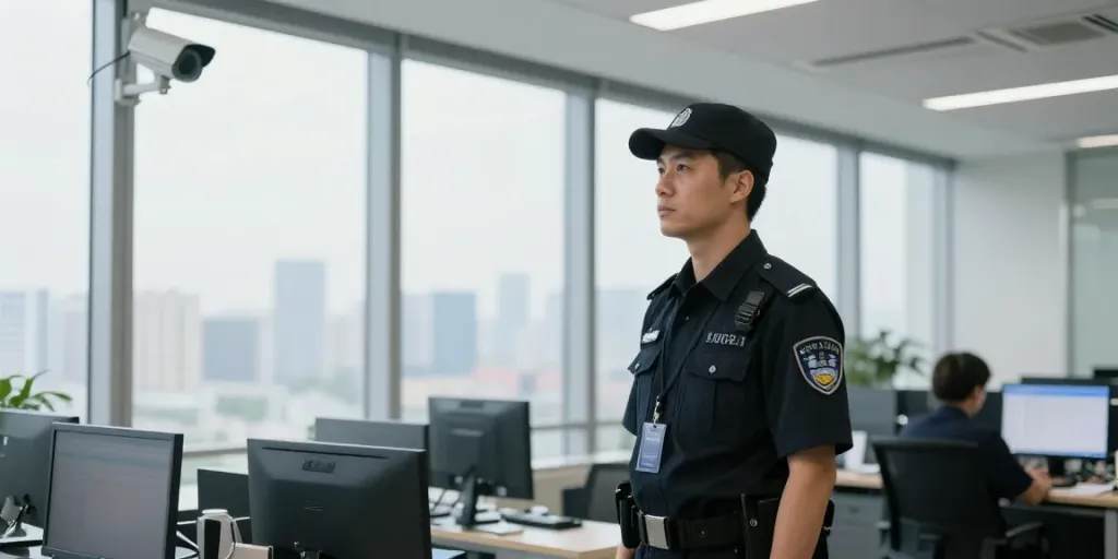 Security Guards watching surveillance in a corporate office setting, ensuring safety for local businesses.