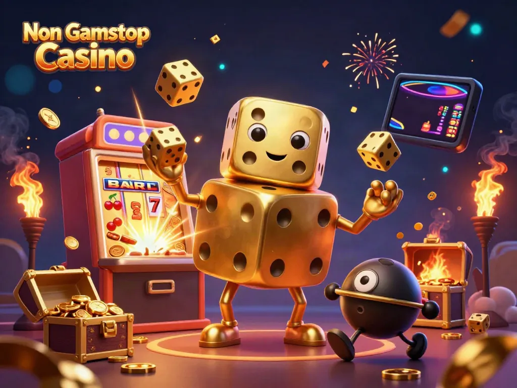 Experience the excitement of Non Gamstop Casino with a golden dice golem juggling at a vibrant gambling scene.