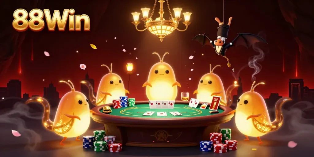 88Win illuminates a vibrant casino scene with unique glowworm characters lighting a poker table.