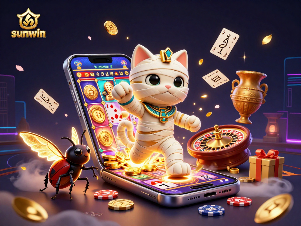 Play slots with sunwin and witness the Egyptian mummy cat's thrilling adventure in a vibrant casino.