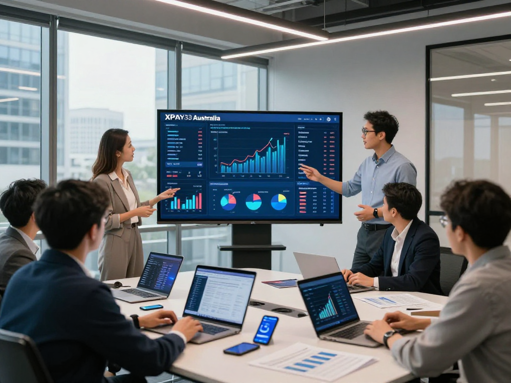 Dynamic workplace showcasing XPAY33 Australia analytics with modern tech devices in a professional setting.