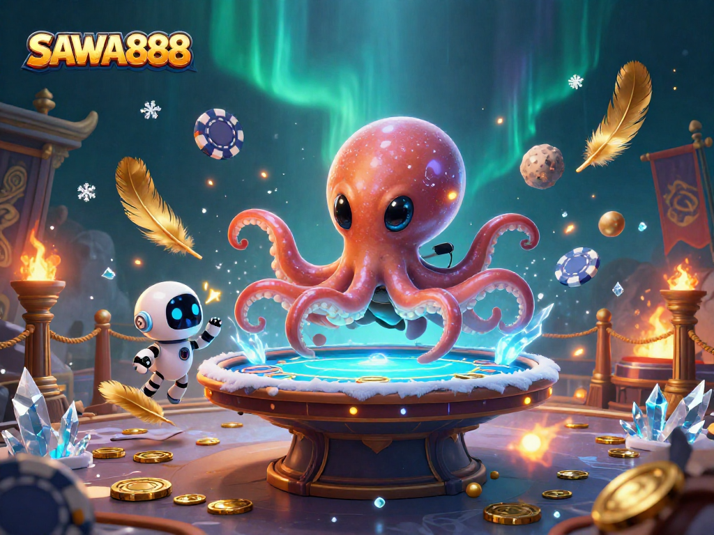 Experience the excitement of SAWA888 slots as an alien octopus plays poker with exciting cosmic elements.