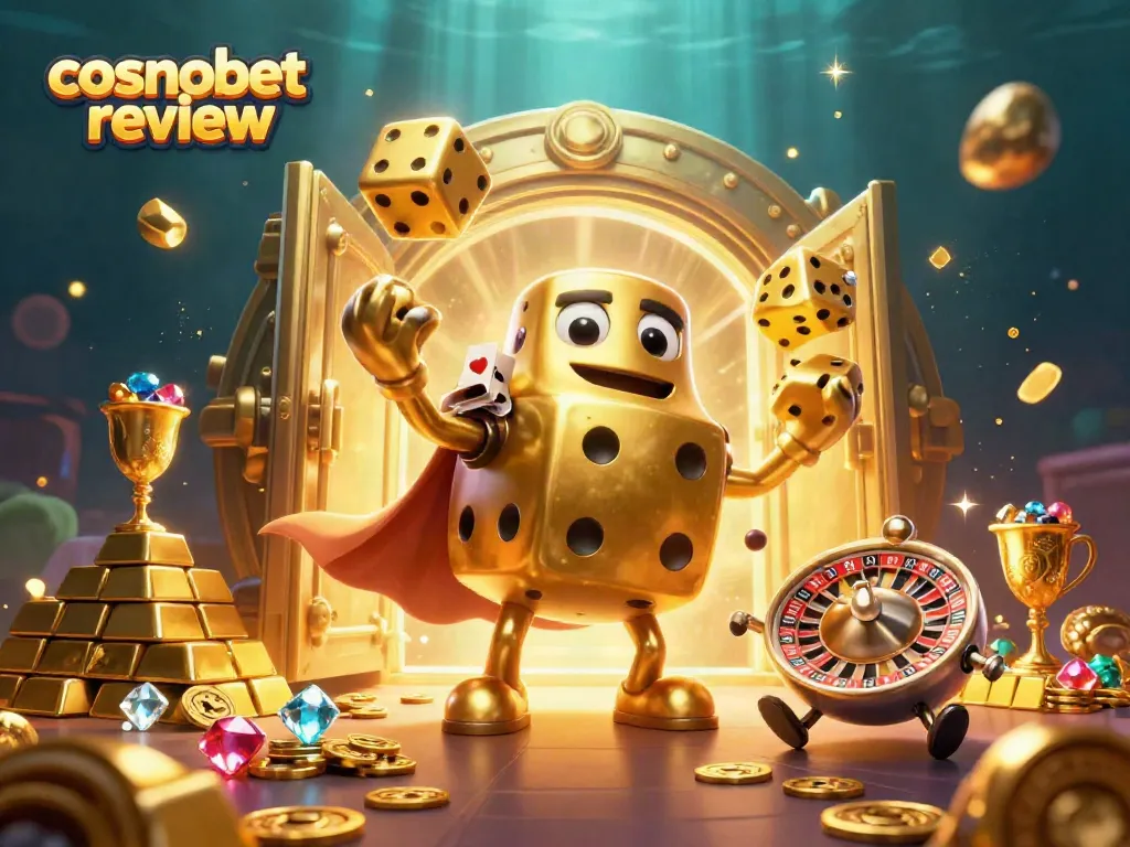 Engage with the exciting cosmobet review featuring a vibrant 3D casino scene, showcasing lucky dice and gold treasures.