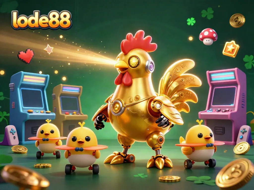 Experience excitement at lode88 with a dynamic scene showcasing a futuristic golden rooster and gaming elements.