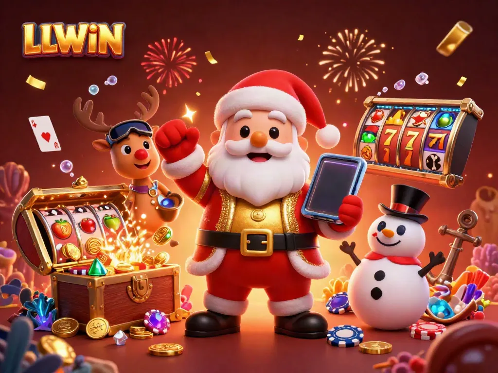 Experience LLWIN's engaging slots scene with Santa and friends celebrating jackpots in a vibrant casino atmosphere.