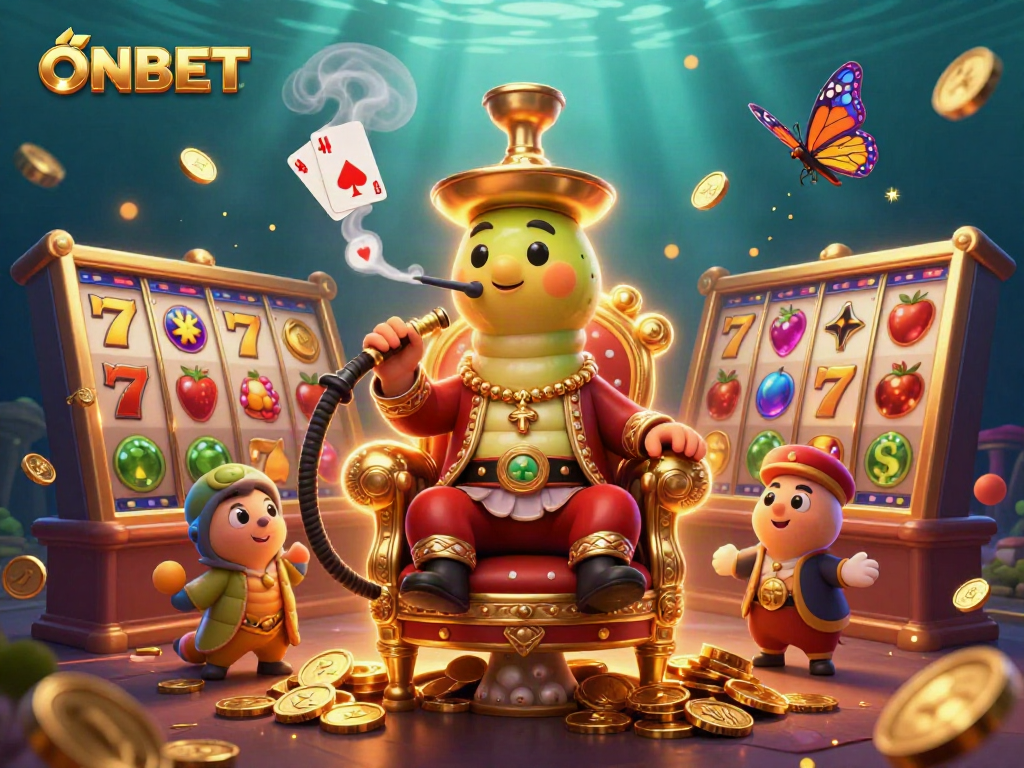 Win big with ONBET in an immersive casino experience featuring vibrant characters and slot symbols.