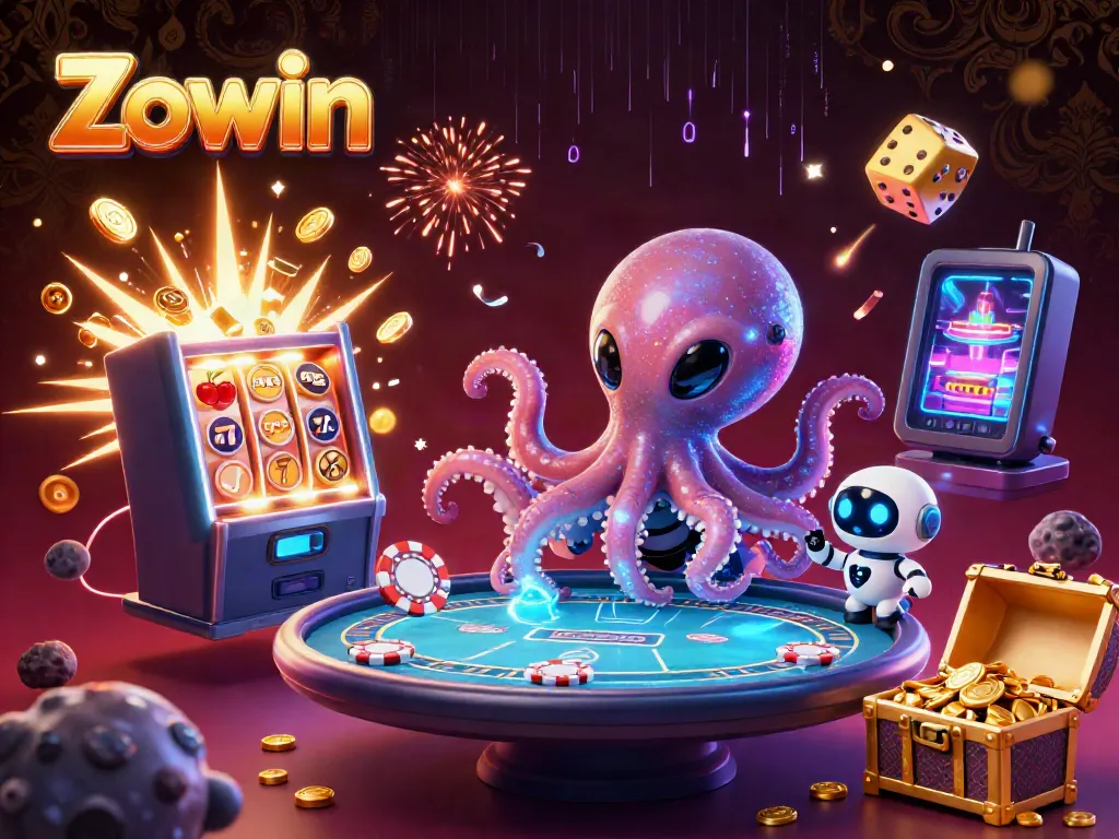Experience the thrilling Zowin casino atmosphere with a whimsical alien octopus at a holographic poker table.