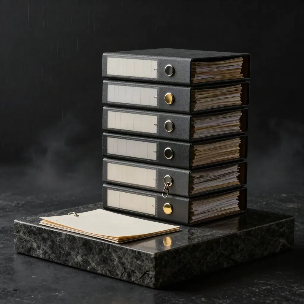 Charcoal compliance binders, brass seal, and archive sleeve on dark stone in moody studio light.