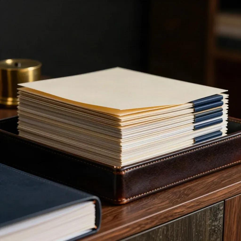 Leather archive tray, brass paperweight and sealed legal folders in dramatic studio light