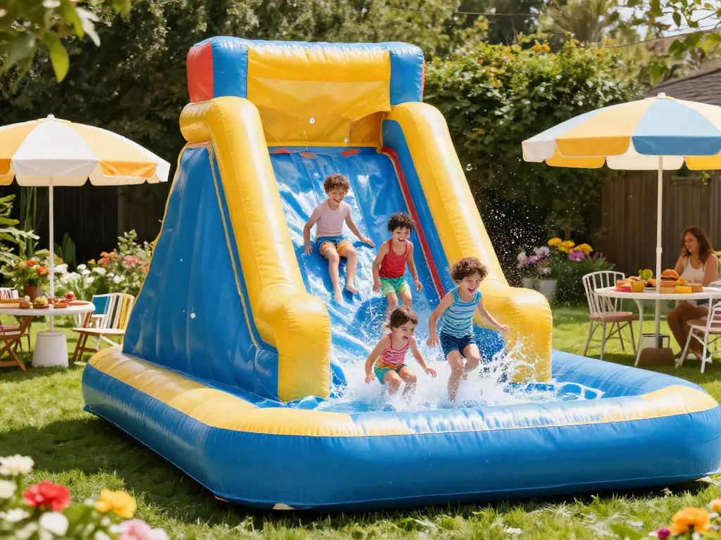 Excited kids racing down an inflatable water slide in the water during a family backyard gathering.