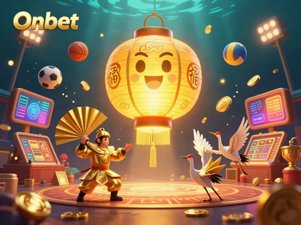Experience the thrill of Onbet with a dazzling night market casino scene, featuring vibrant characters and sports elements.