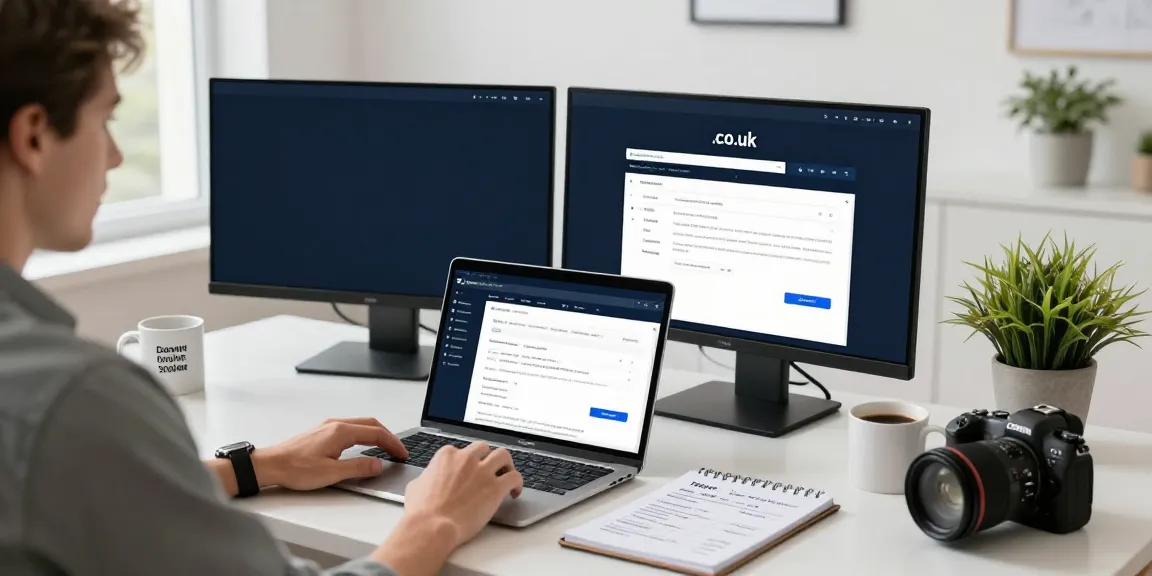Buy .co.uk domain registration scene with professional in a modern office.