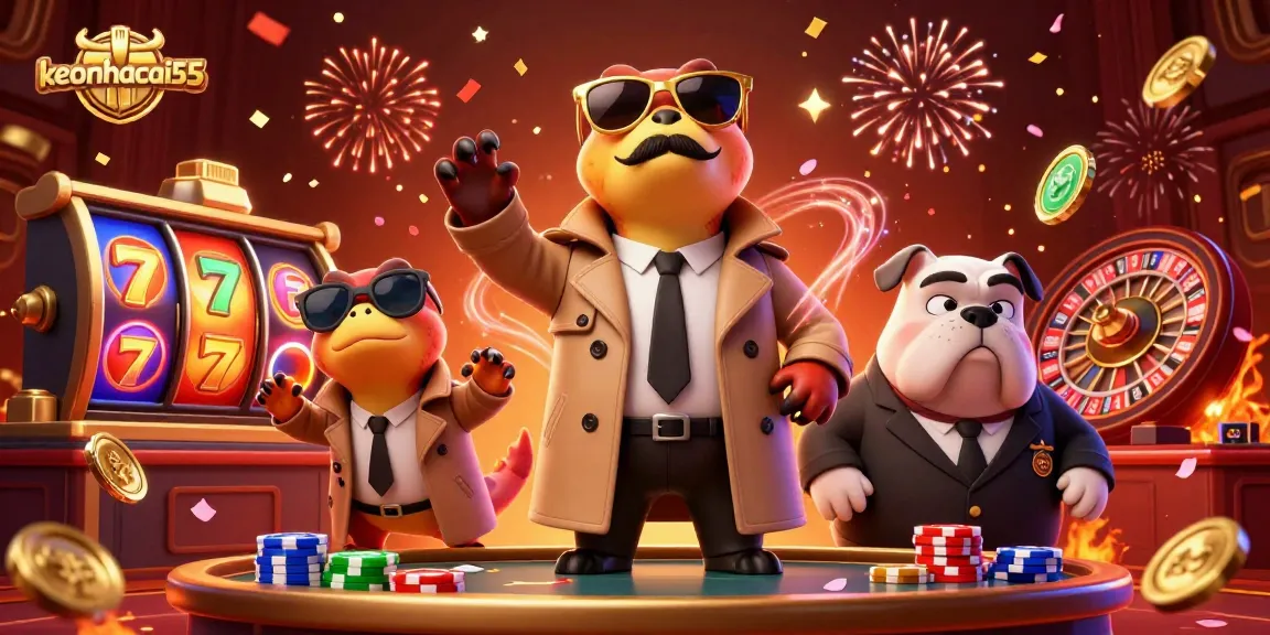 Engage in the excitement of keonhacai55 with cartoon raptors sneaking into a casino lounge.