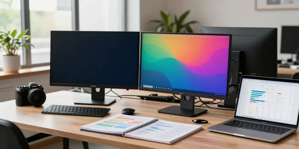 Digital marketer in a modern office focused on instant indexing analysis with dual monitors, SEO metrics, and strategies.