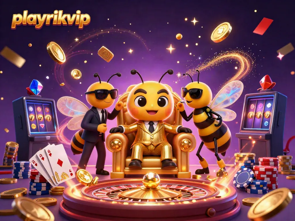 Playrikvip showcases a bumblebee mob boss amidst a festive casino scene filled with dynamic gaming elements.