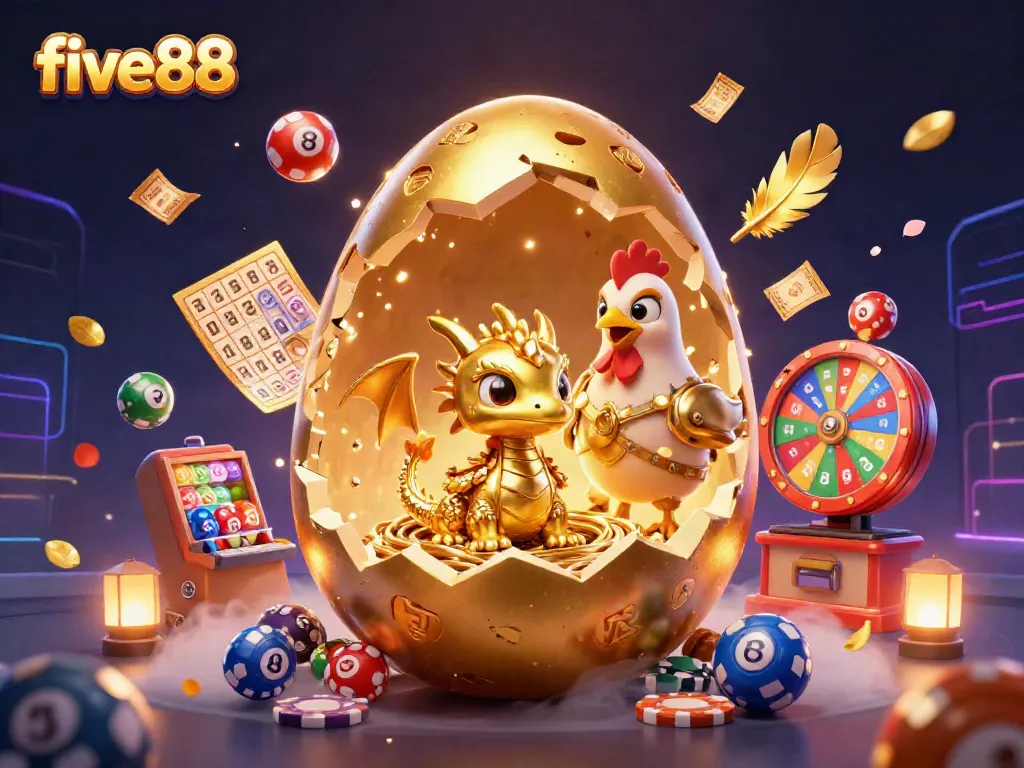 Engage with five88's vibrant casino atmosphere, showcasing golden elements and dynamic gaming excitement.