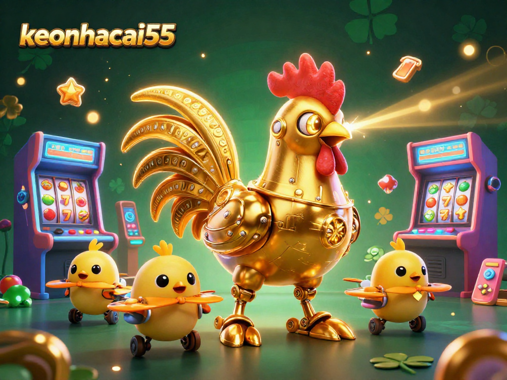 keonhacai55 showcases a vibrant casino scene featuring a retro-futuristic rooster robot and dynamic game elements.