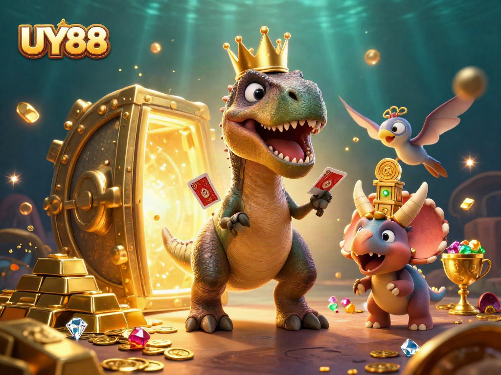 Join UY88's thrilling gaming adventure with friendly dinosaurs at a vibrant casino table.