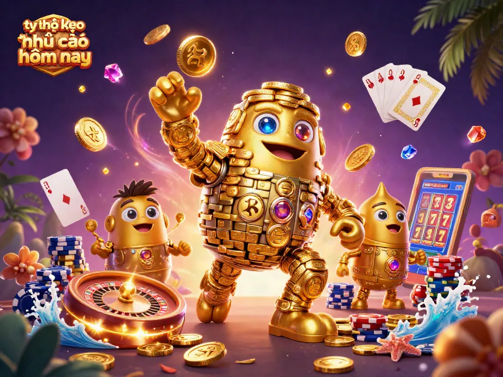 Experience tỷ lệ kèo nhà cái hôm nay with a magical scene filled with casinos, slot machines, and winning moments.