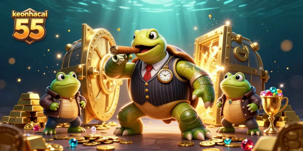 Experience the thrill of keonhacai 55 with a dynamic casino scene featuring vibrant characters and treasures.
