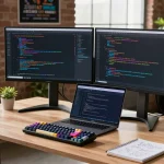 Developer coding with an AI code generator in a modern workspace with multiple screens and natural light.