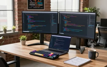 Developer coding with an AI code generator in a modern workspace with multiple screens and natural light.