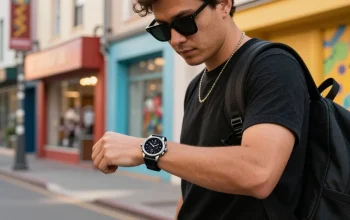 Person showcasing super clone watches while exploring a vibrant city street.