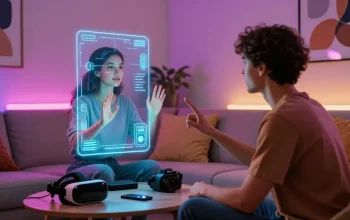 Immersive NSFW AI interaction with a lifelike hologram in a cozy setting