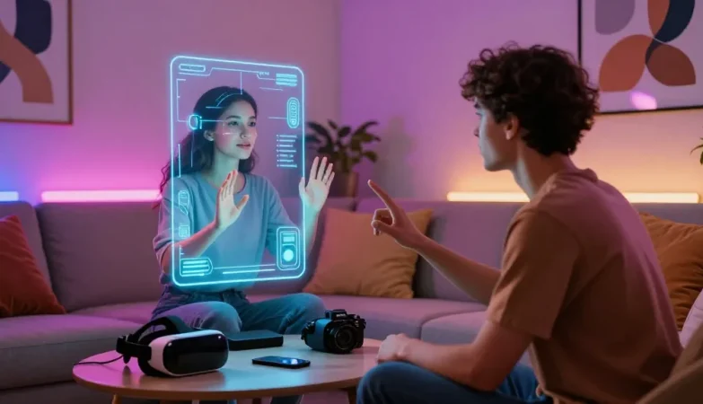 Immersive NSFW AI interaction with a lifelike hologram in a cozy setting
