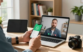 User engaging with WhatsApp下載 app on smartphone in a stylish home office with tech gadgets and natural light.